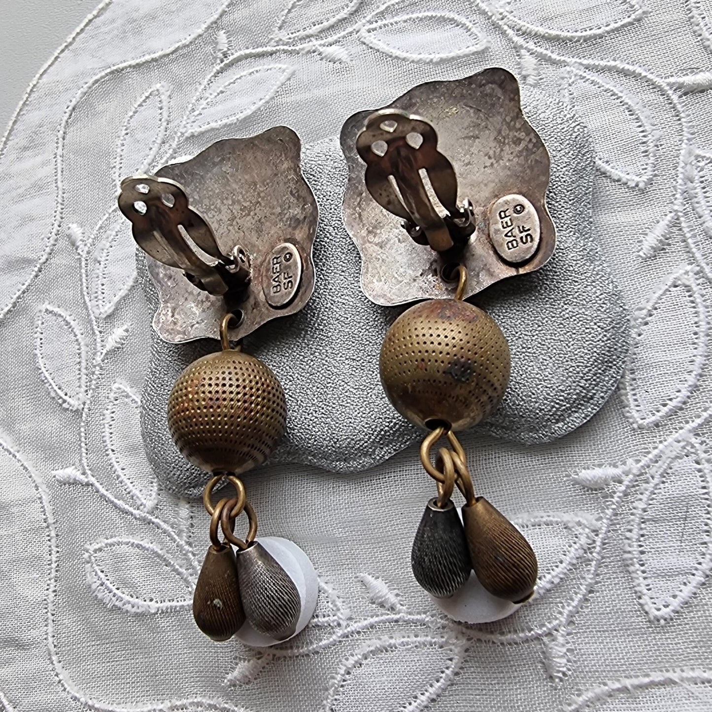 Clip on - Baer Chinese Character Two Tone Bead Drop Clip On Earrings