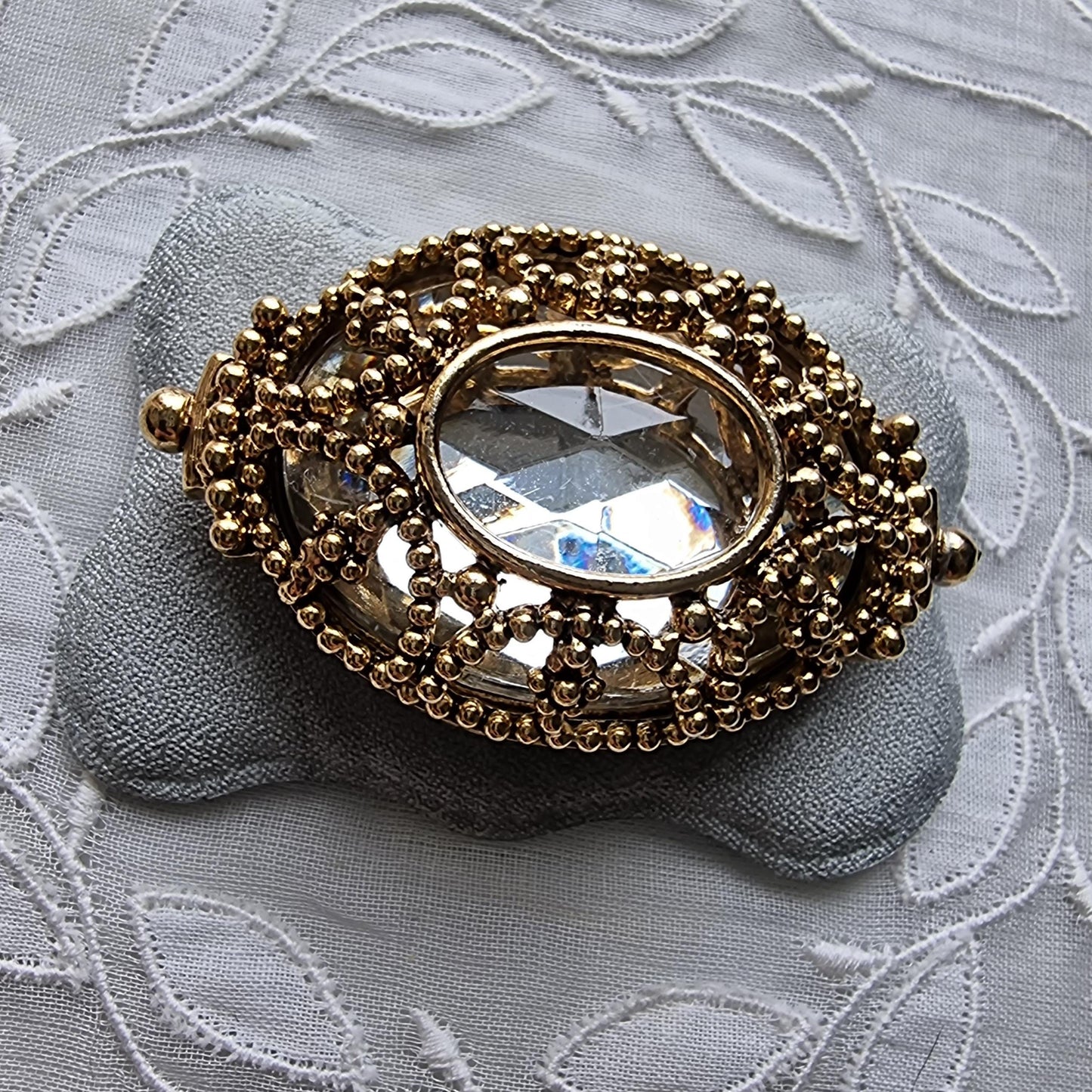 Brooch - Gold Bead Caged Oval Crystal Brooch