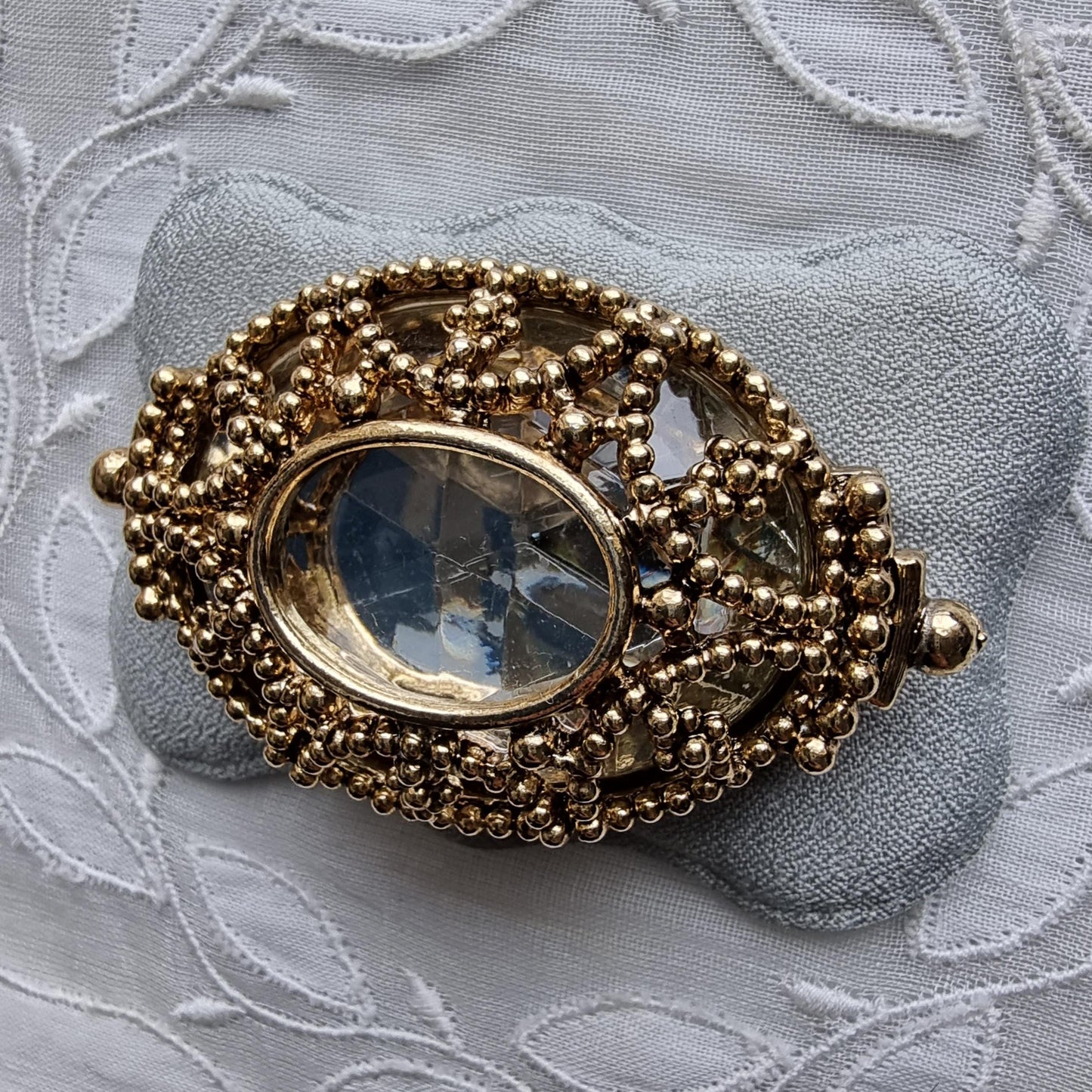 Brooch - Gold Bead Caged Oval Crystal Brooch