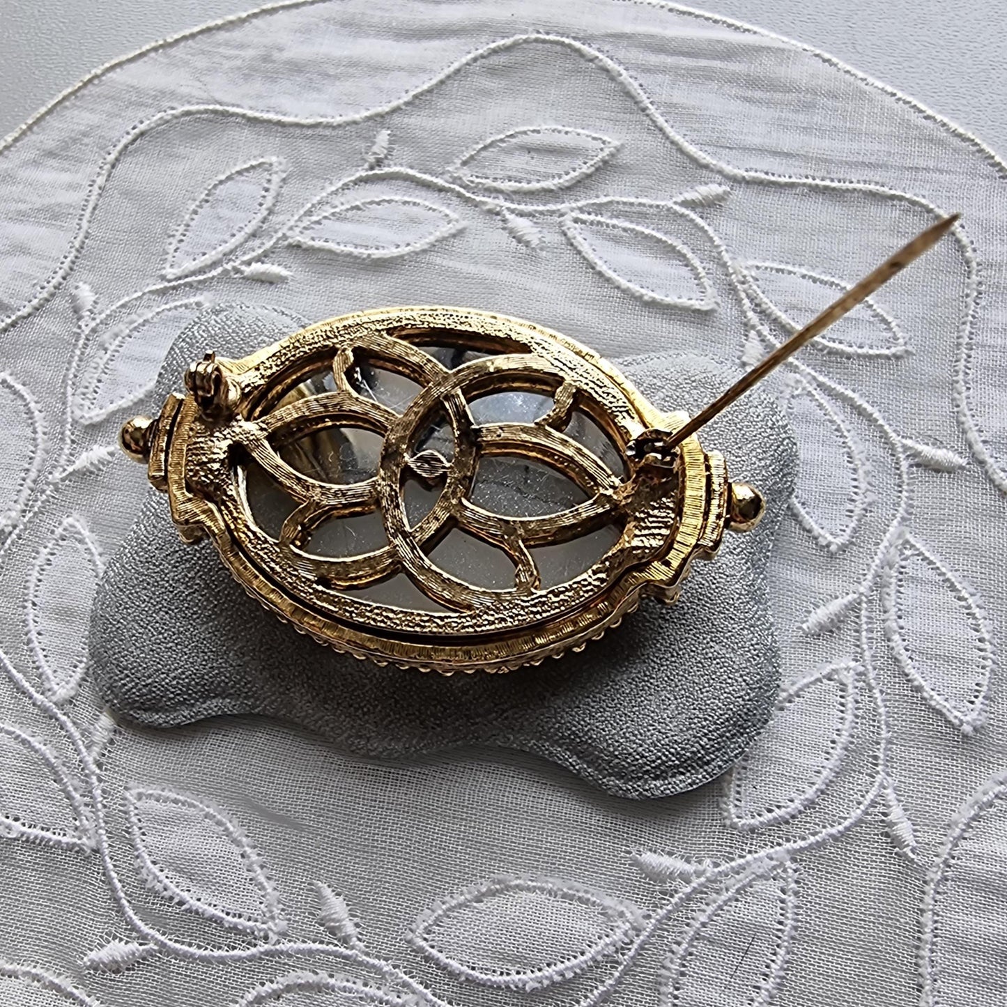 Brooch - Gold Bead Caged Oval Crystal Brooch