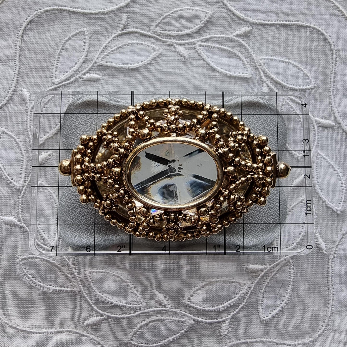 Brooch - Gold Bead Caged Oval Crystal Brooch