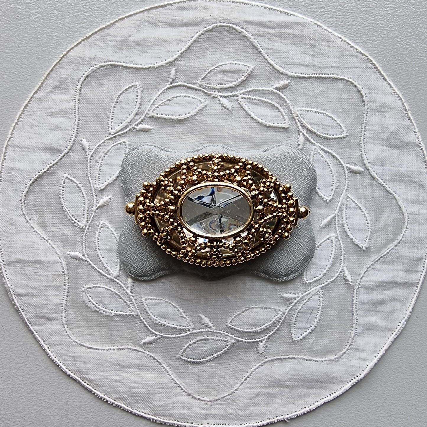 Brooch - Gold Bead Caged Oval Crystal Brooch