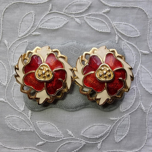 Clip on - Gold Red and White Enamel Flower Clip On Earrings