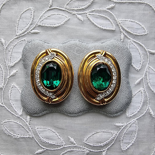 Clip on - Lanvin Oval Green and Clear Crystals Clip On Earrings