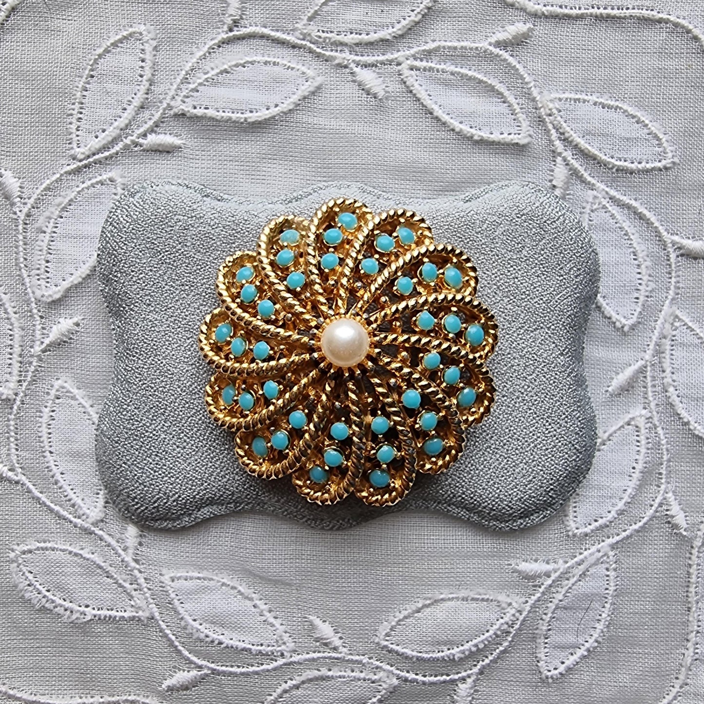 Brooch - Sphinx Gold Turquoise and Pearl Spray Brooch