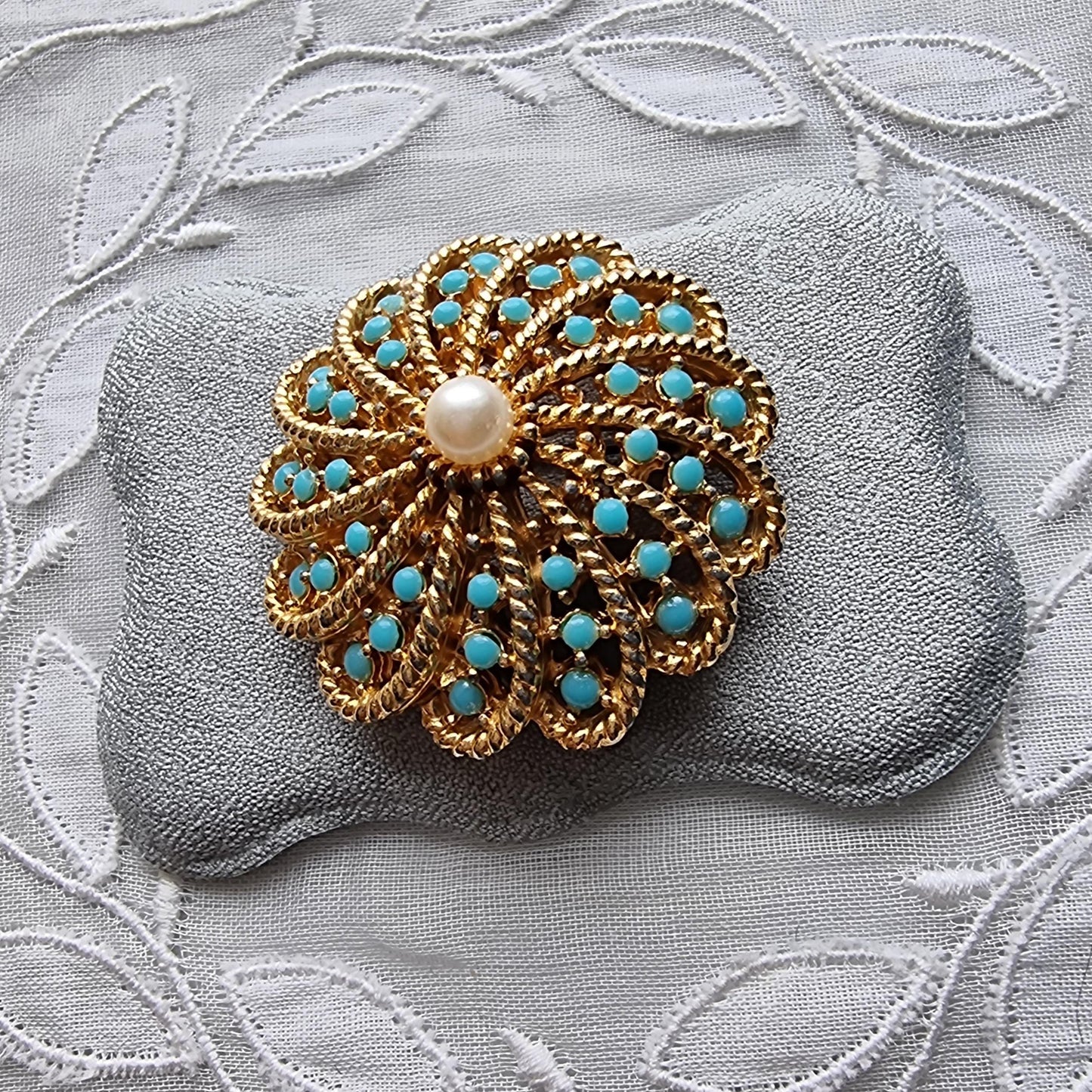 Brooch - Sphinx Gold Turquoise and Pearl Spray Brooch