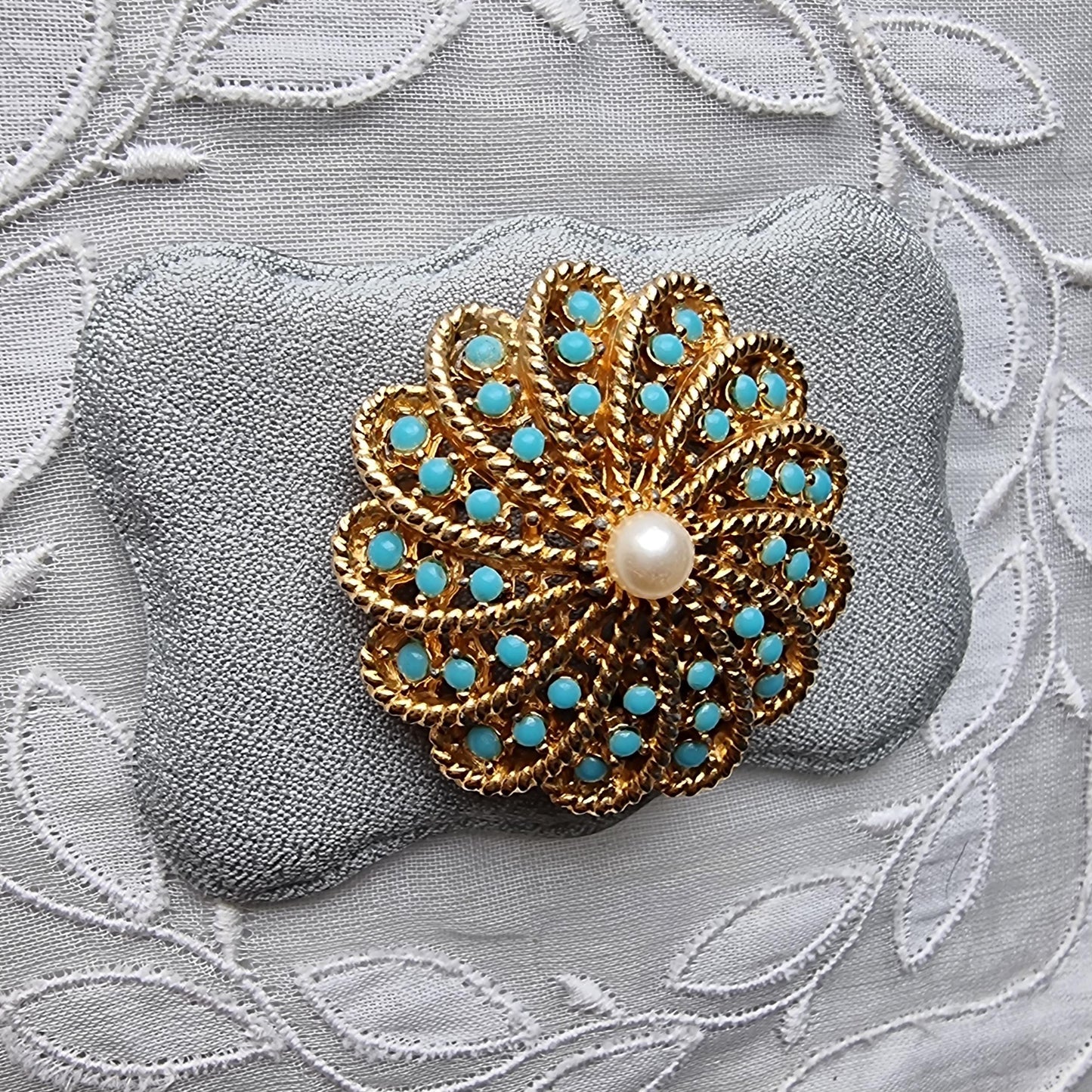 Brooch - Sphinx Gold Turquoise and Pearl Spray Brooch