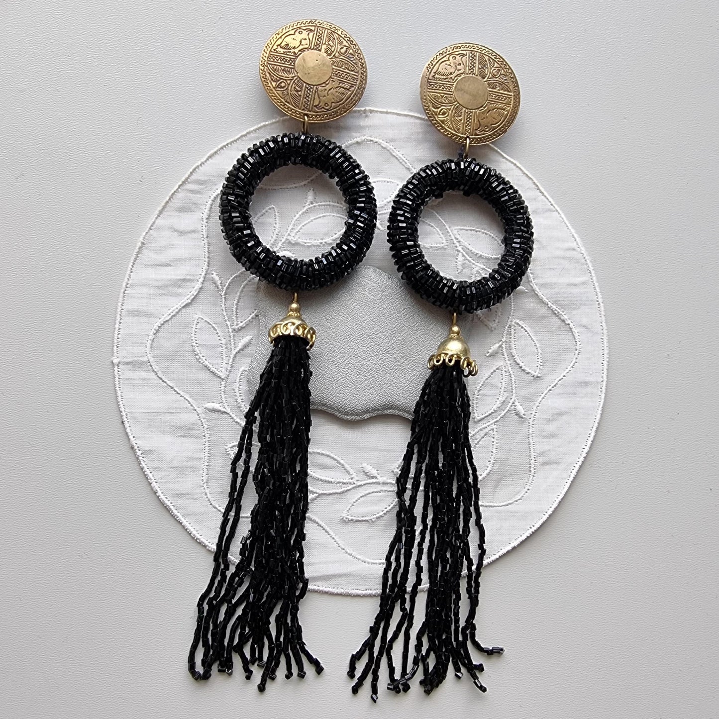 Clip on - Brass Coin Black Beads Drop Statement Clip On Earrings