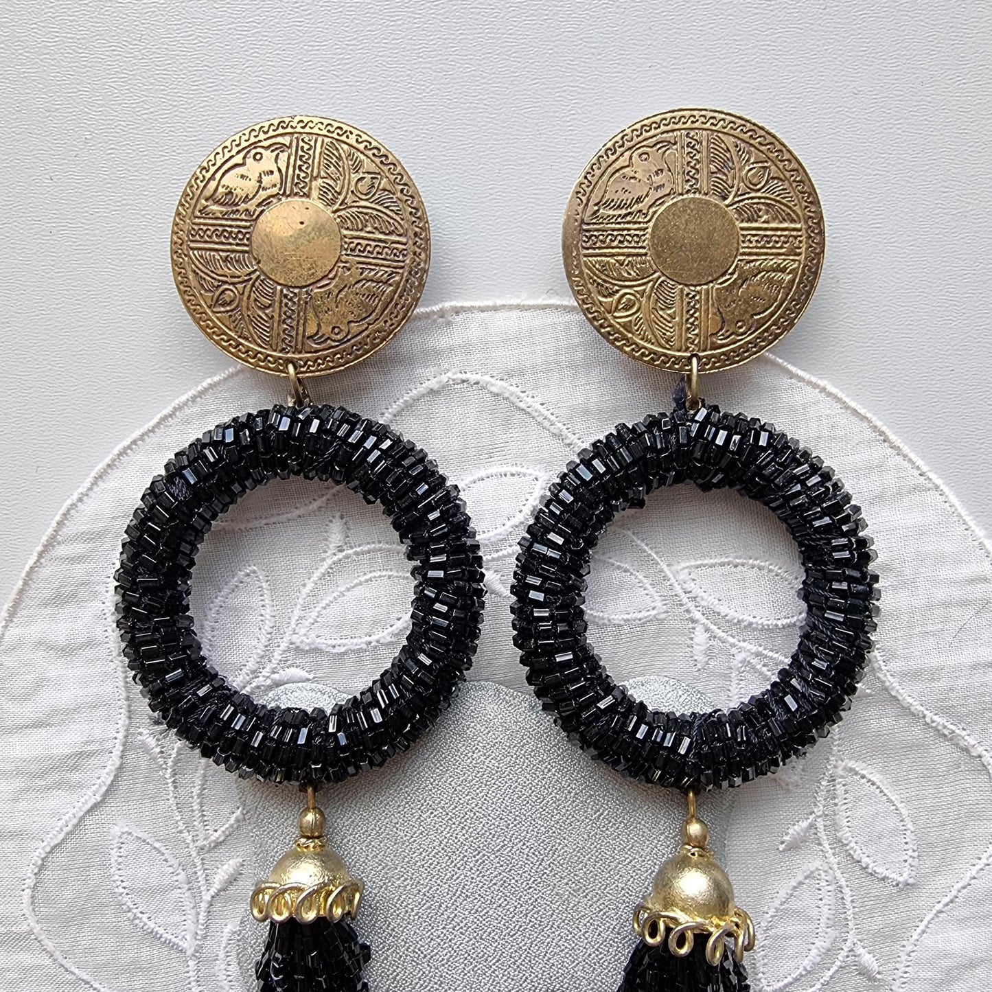 Clip on - Brass Coin Black Beads Drop Statement Clip On Earrings
