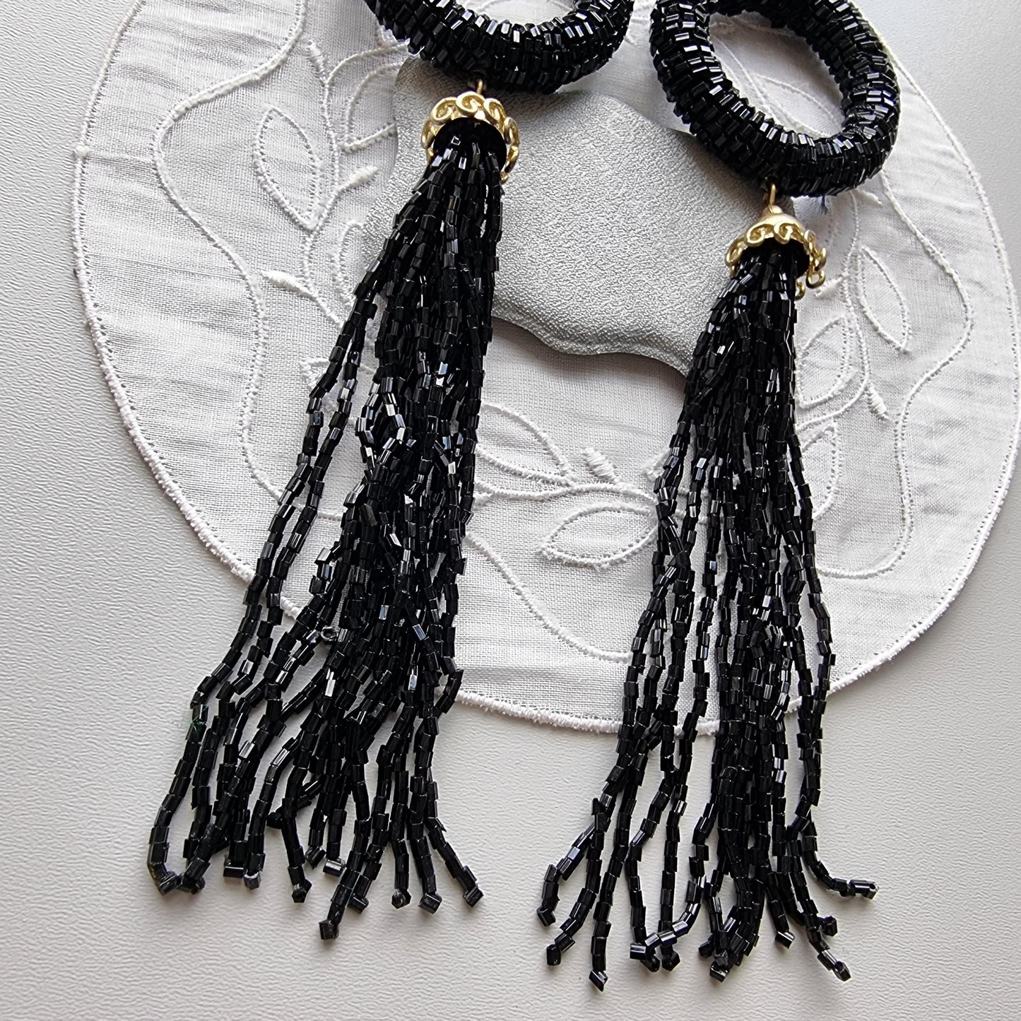 Clip on - Brass Coin Black Beads Drop Statement Clip On Earrings