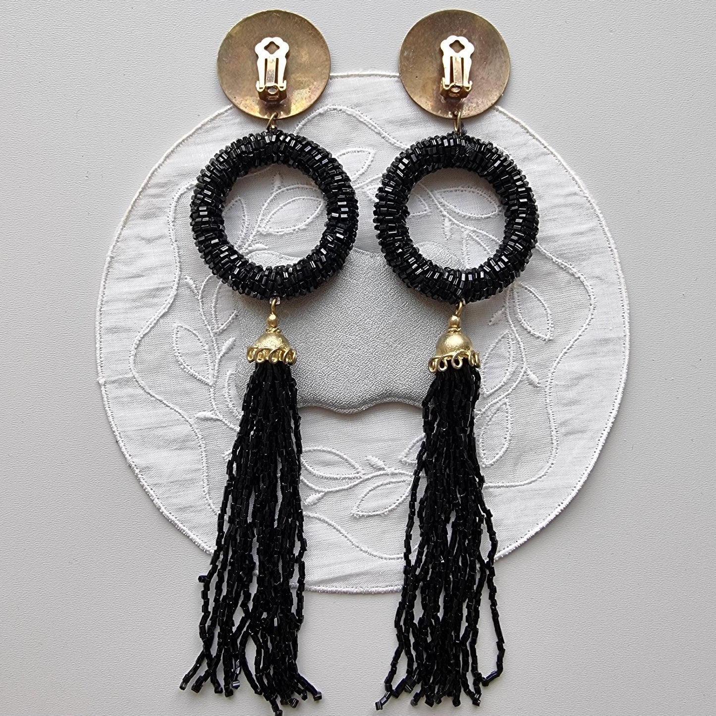 Clip on - Brass Coin Black Beads Drop Statement Clip On Earrings