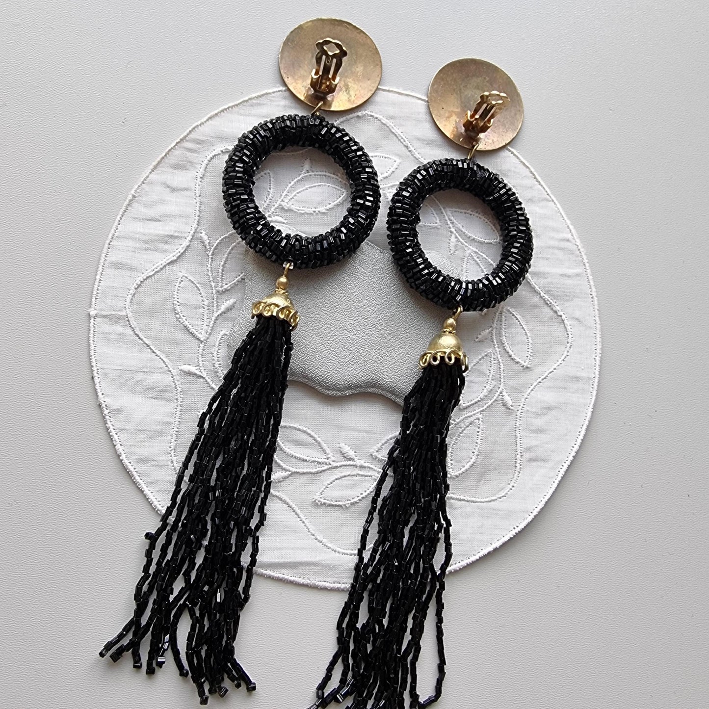 Clip on - Brass Coin Black Beads Drop Statement Clip On Earrings