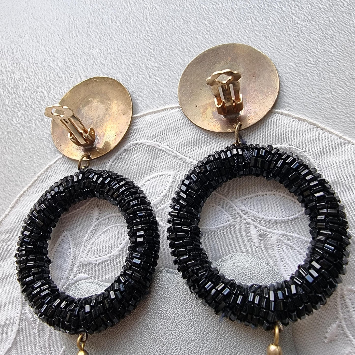 Clip on - Brass Coin Black Beads Drop Statement Clip On Earrings