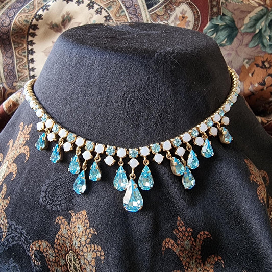 Necklace - Milky White and Aquamarine Blue Crystal Drops Necklace