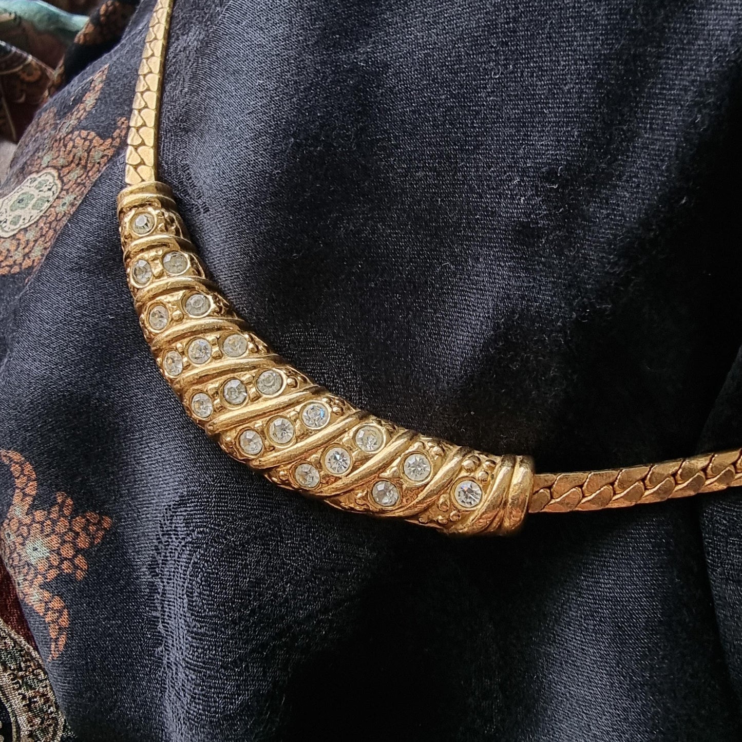 Necklace - Gold and Clear Crystals Small Bib Necklace