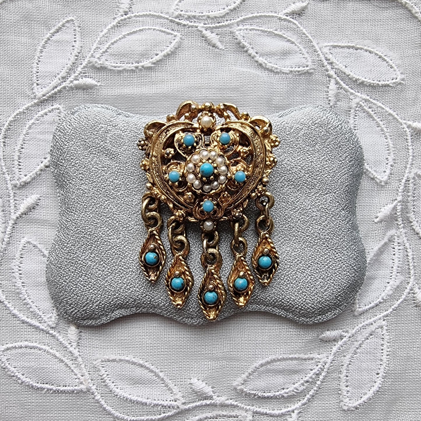 Brooch - Gold Heart Seed Pearl and Turquoise Drops Pendant Brooch