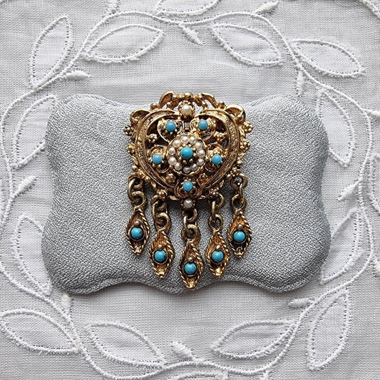 Brooch - Gold Heart Seed Pearl and Turquoise Drops Pendant Brooch