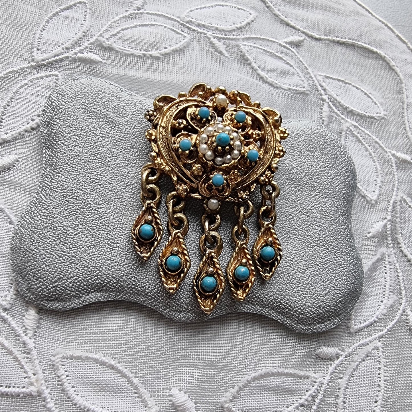 Brooch - Gold Heart Seed Pearl and Turquoise Drops Pendant Brooch