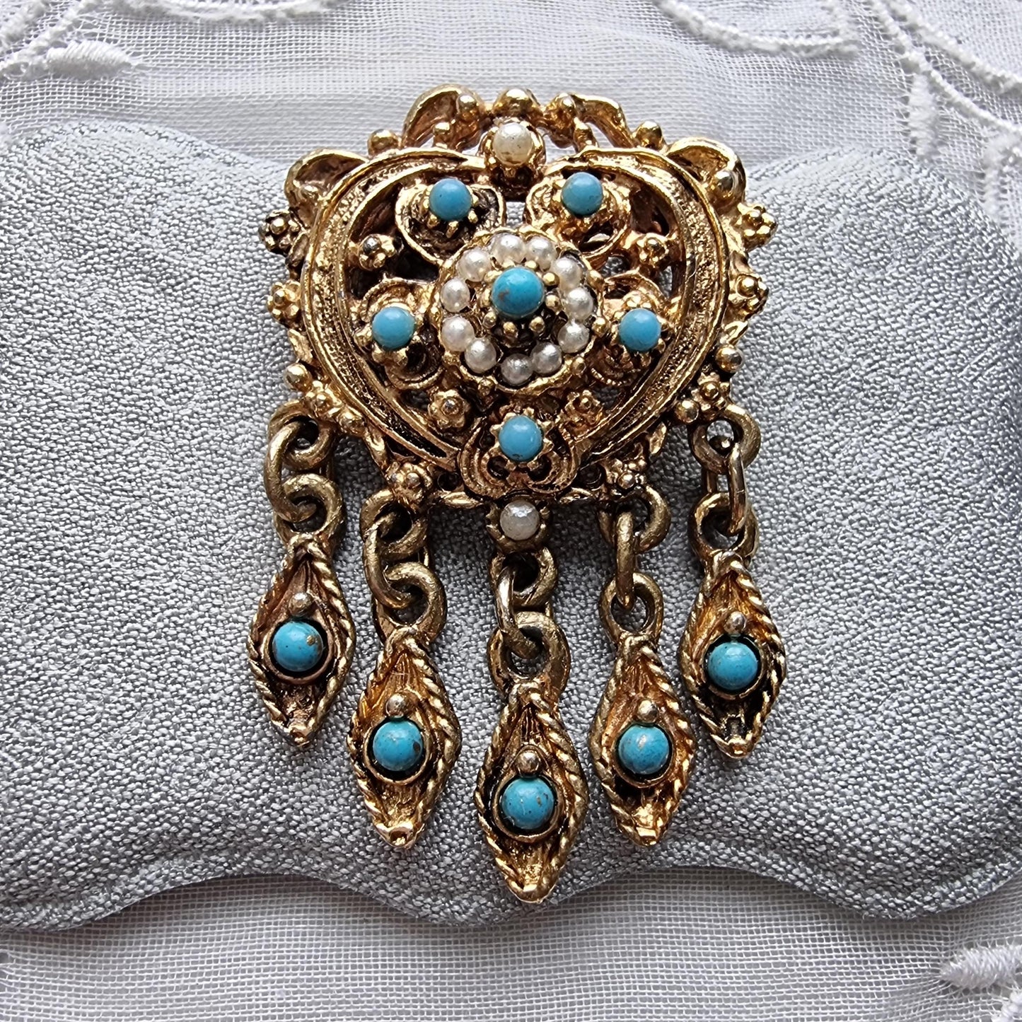 Brooch - Gold Heart Seed Pearl and Turquoise Drops Pendant Brooch