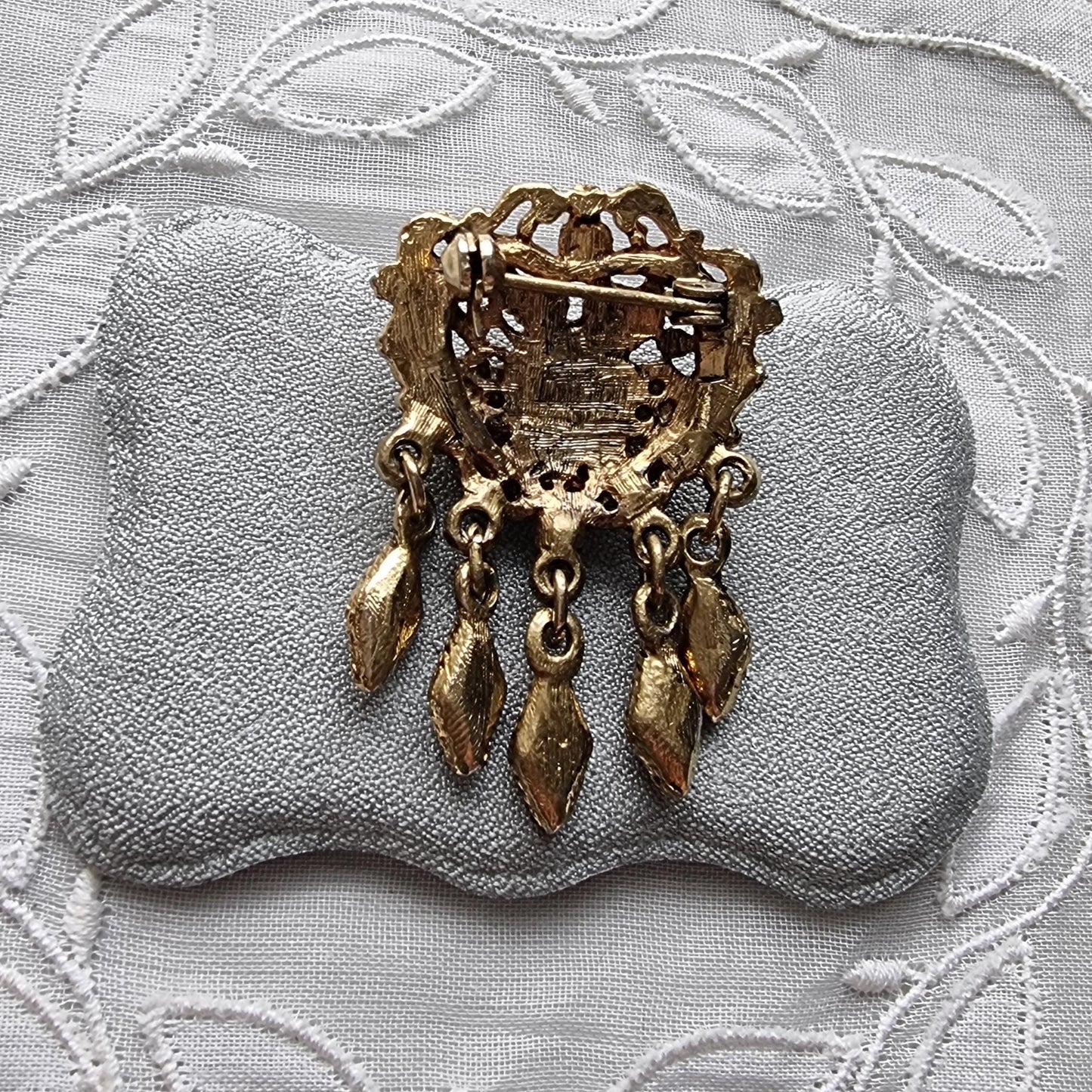 Brooch - Gold Heart Seed Pearl and Turquoise Drops Pendant Brooch