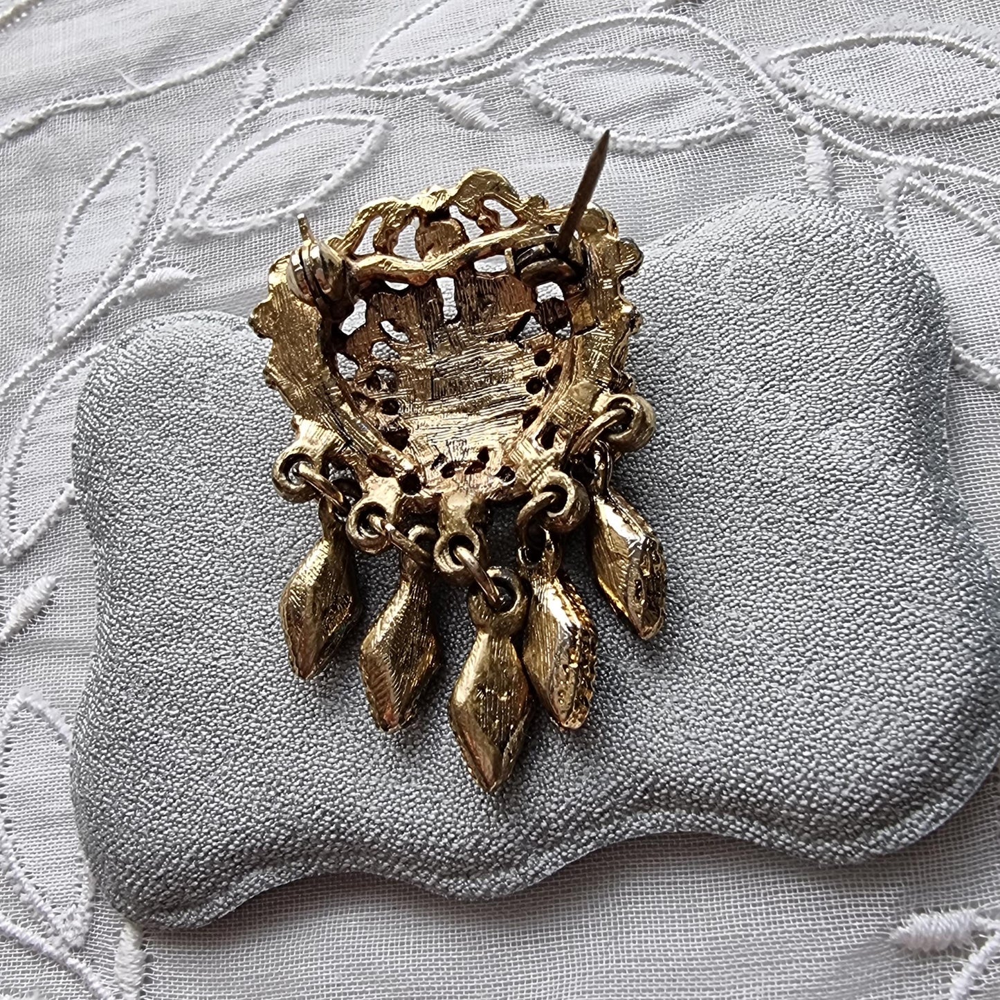 Brooch - Gold Heart Seed Pearl and Turquoise Drops Pendant Brooch