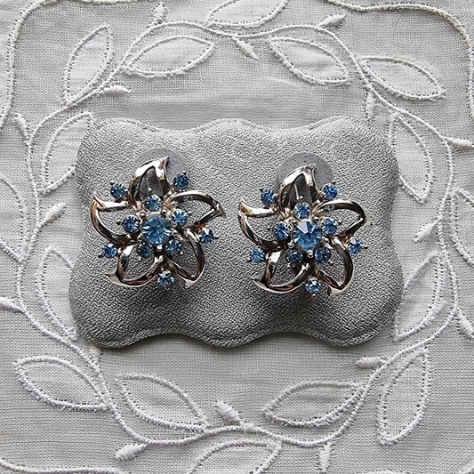 Clip on - Coro Ice Blue Crystal Flower Clip on Earrings