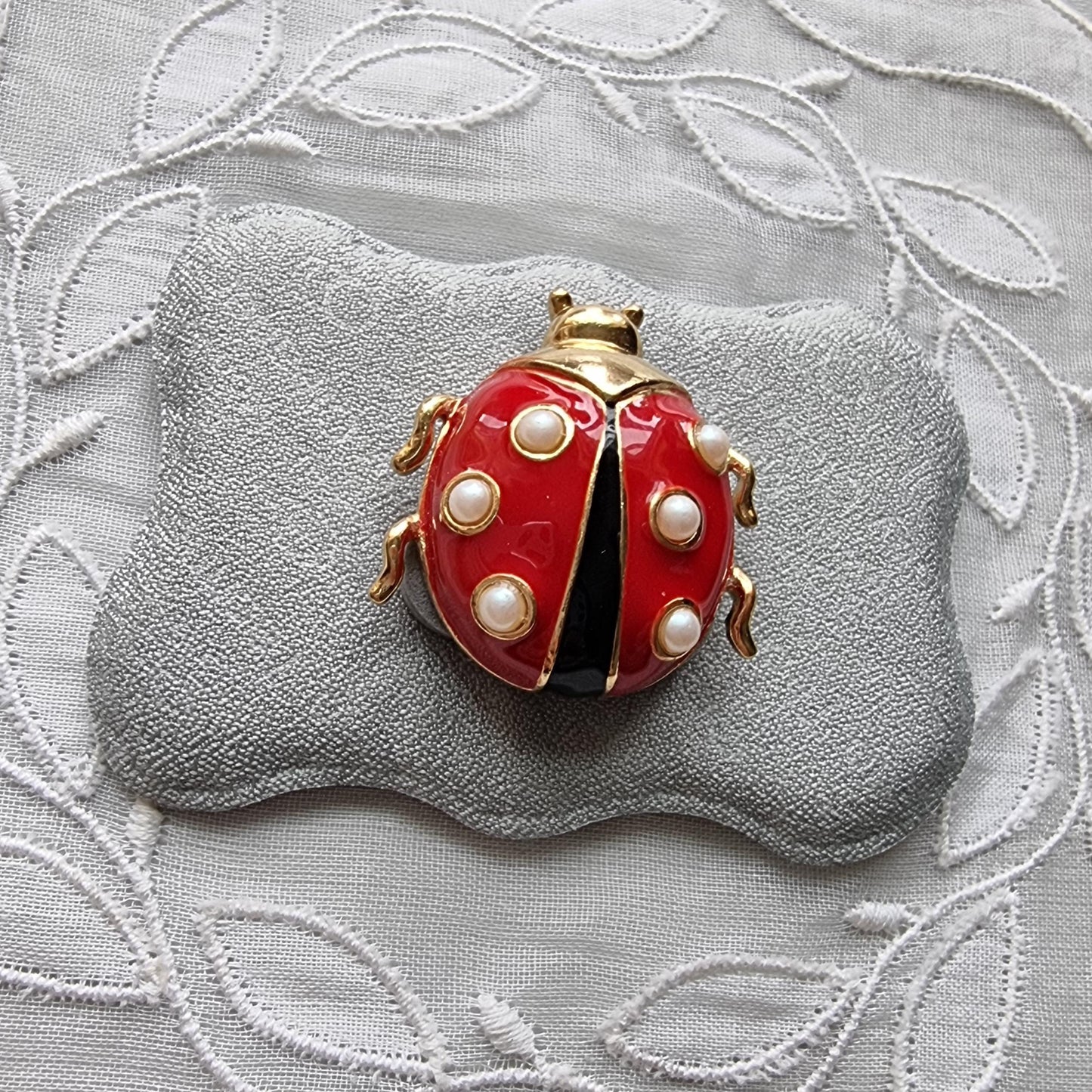 Brooch - Marvella Black and Red Enamel Faux Pearls Ladybird Brooch