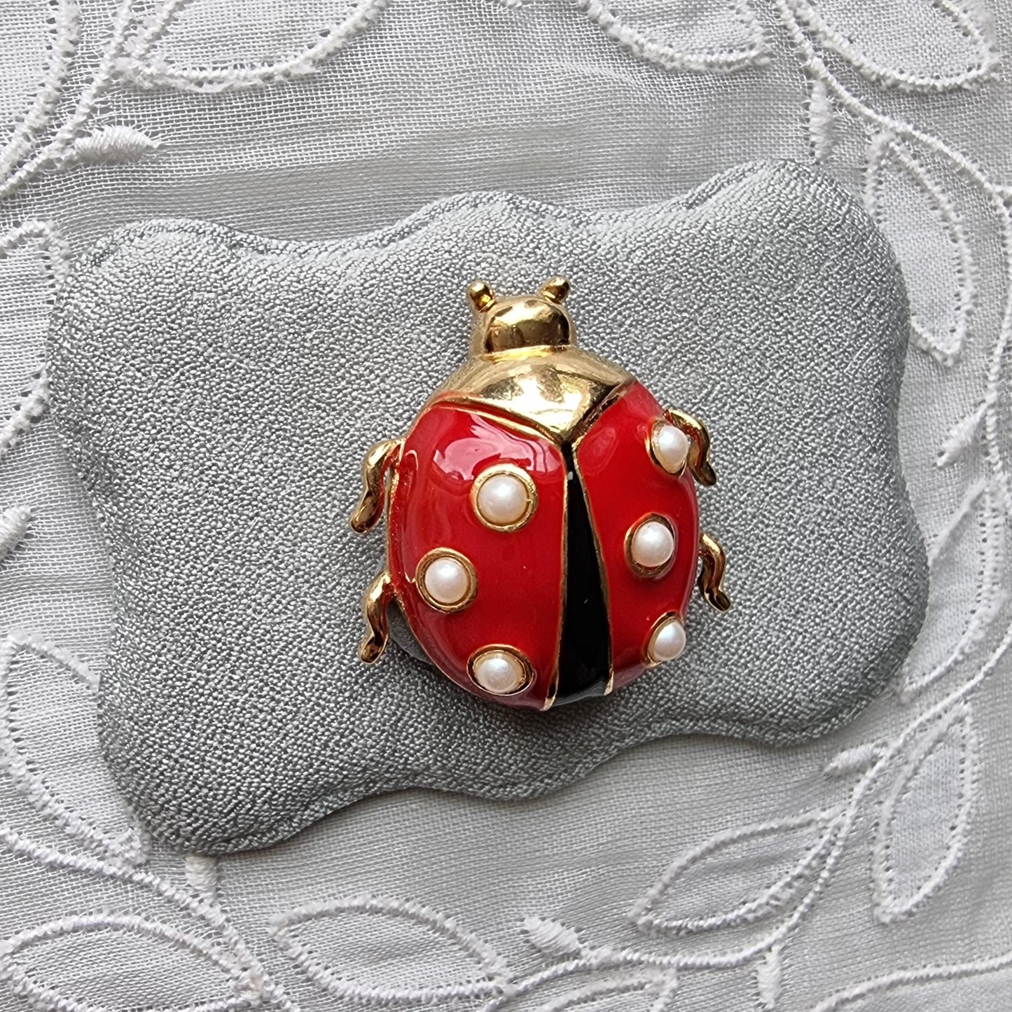 Brooch - Marvella Black and Red Enamel Faux Pearls Ladybird Brooch