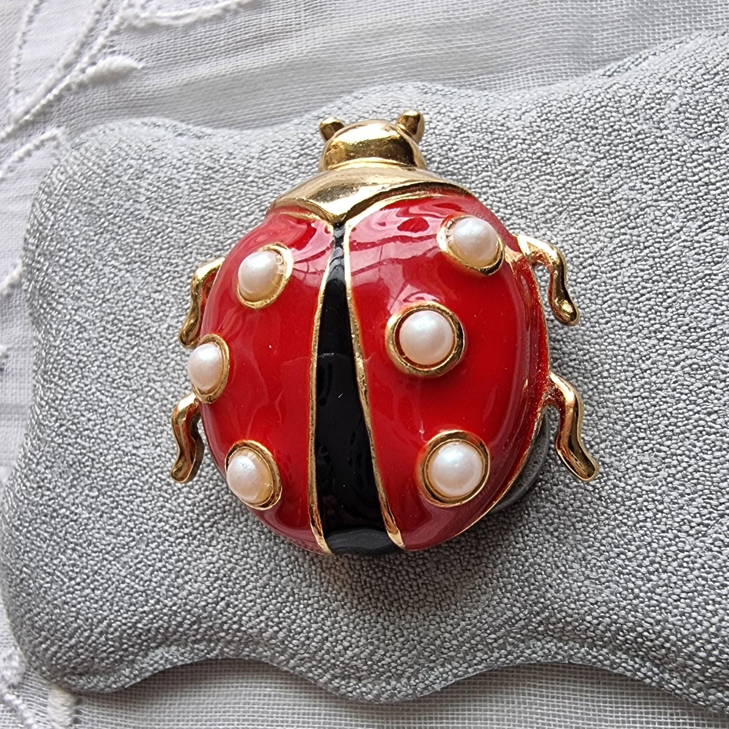 Brooch - Marvella Black and Red Enamel Faux Pearls Ladybird Brooch