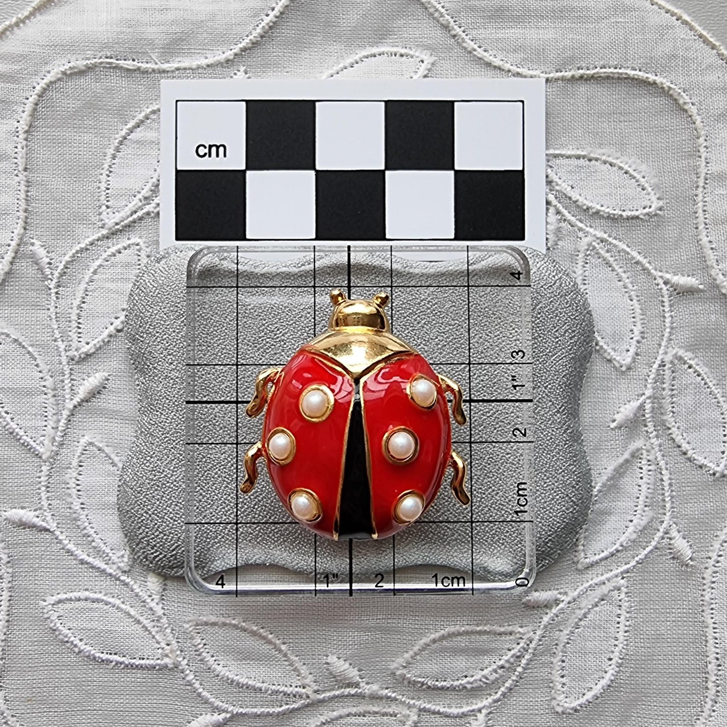 Brooch - Marvella Black and Red Enamel Faux Pearls Ladybird Brooch