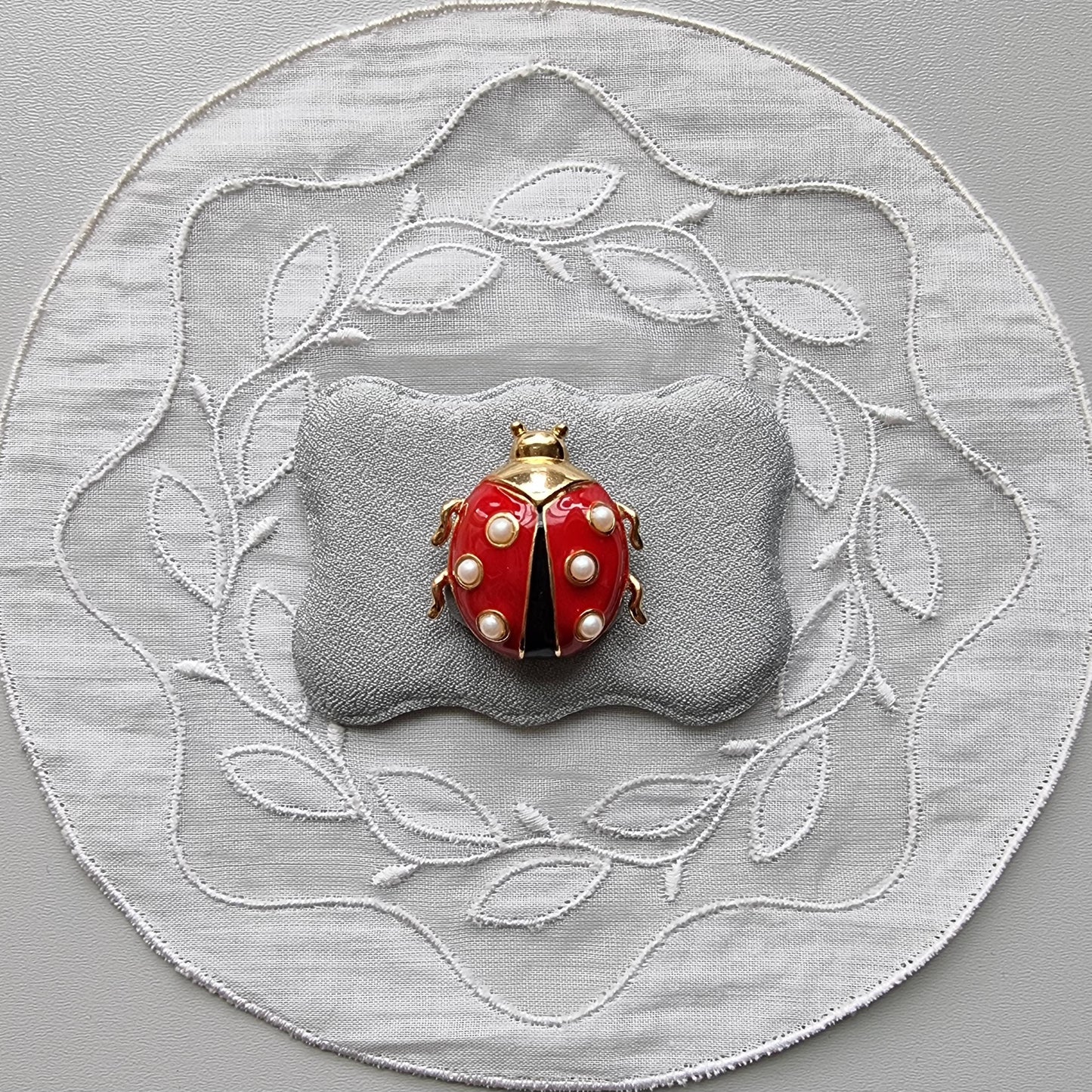 Brooch - Marvella Black and Red Enamel Faux Pearls Ladybird Brooch