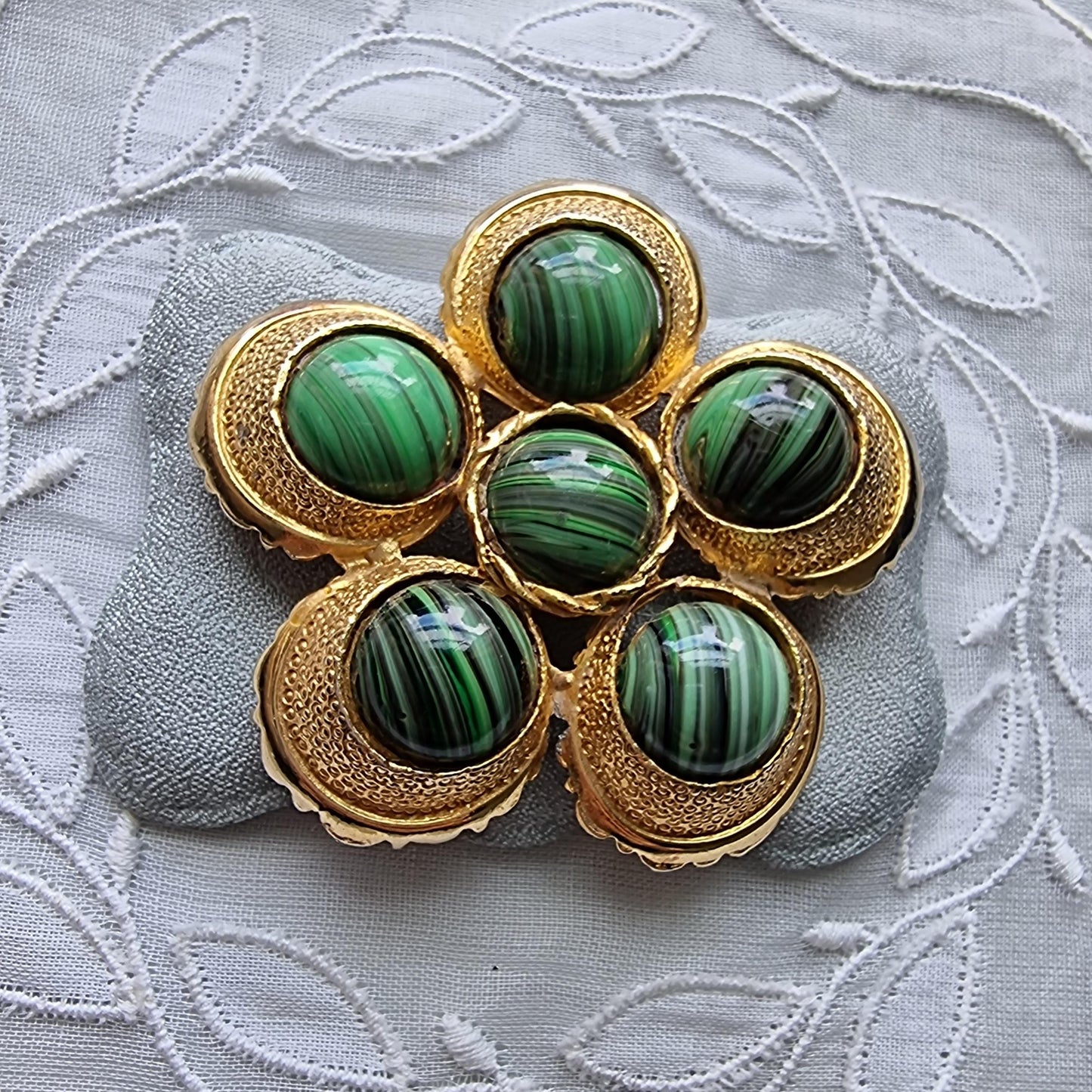 Brooch - Hollywood Malachite Glass Cabochons flower Brooch