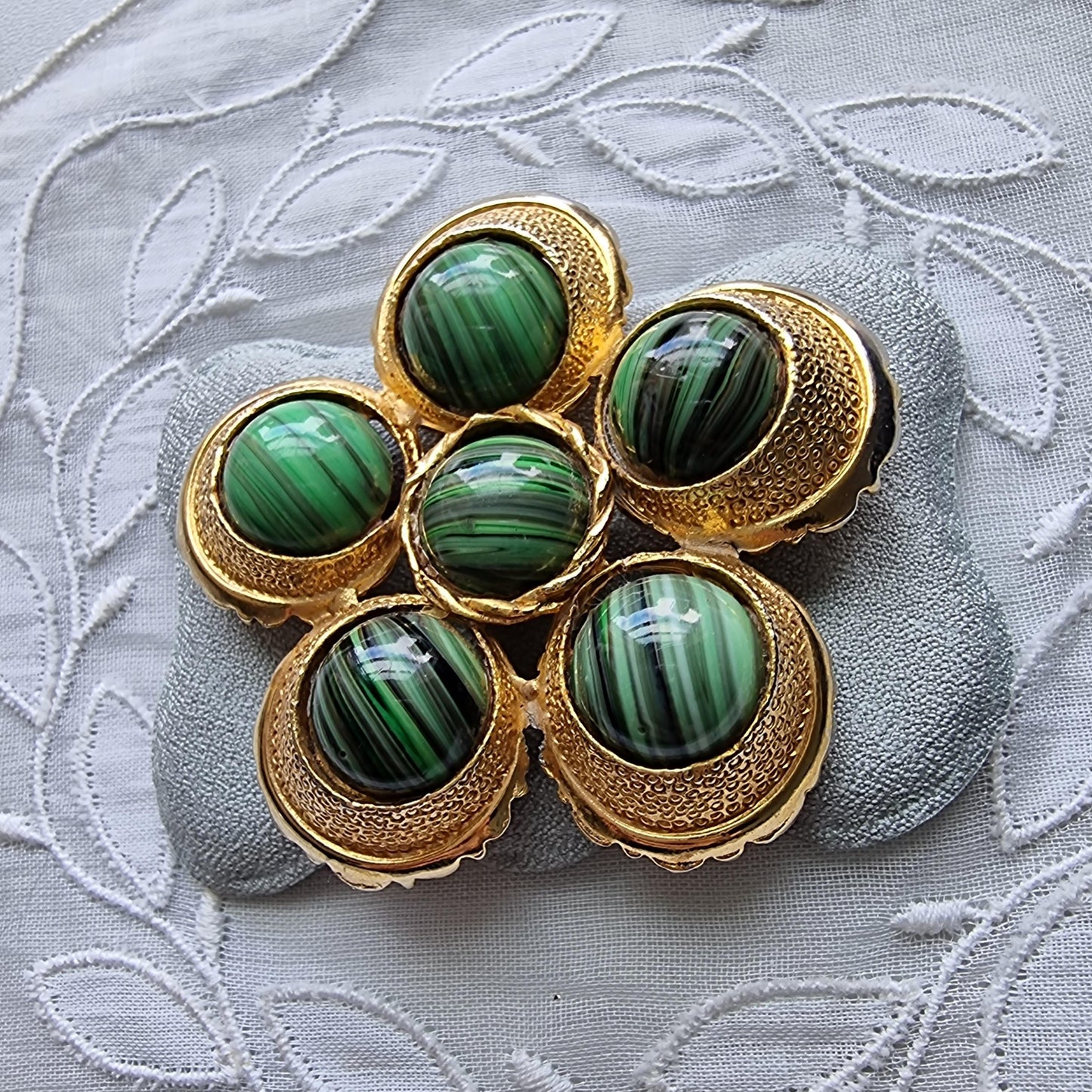 Brooch - Hollywood Malachite Glass Cabochons flower Brooch