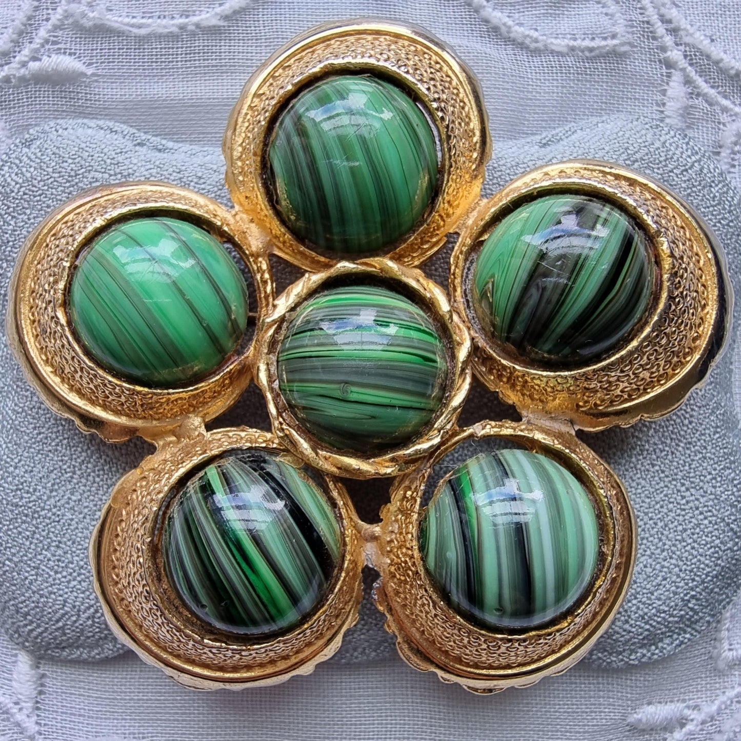 Brooch - Hollywood Malachite Glass Cabochons flower Brooch