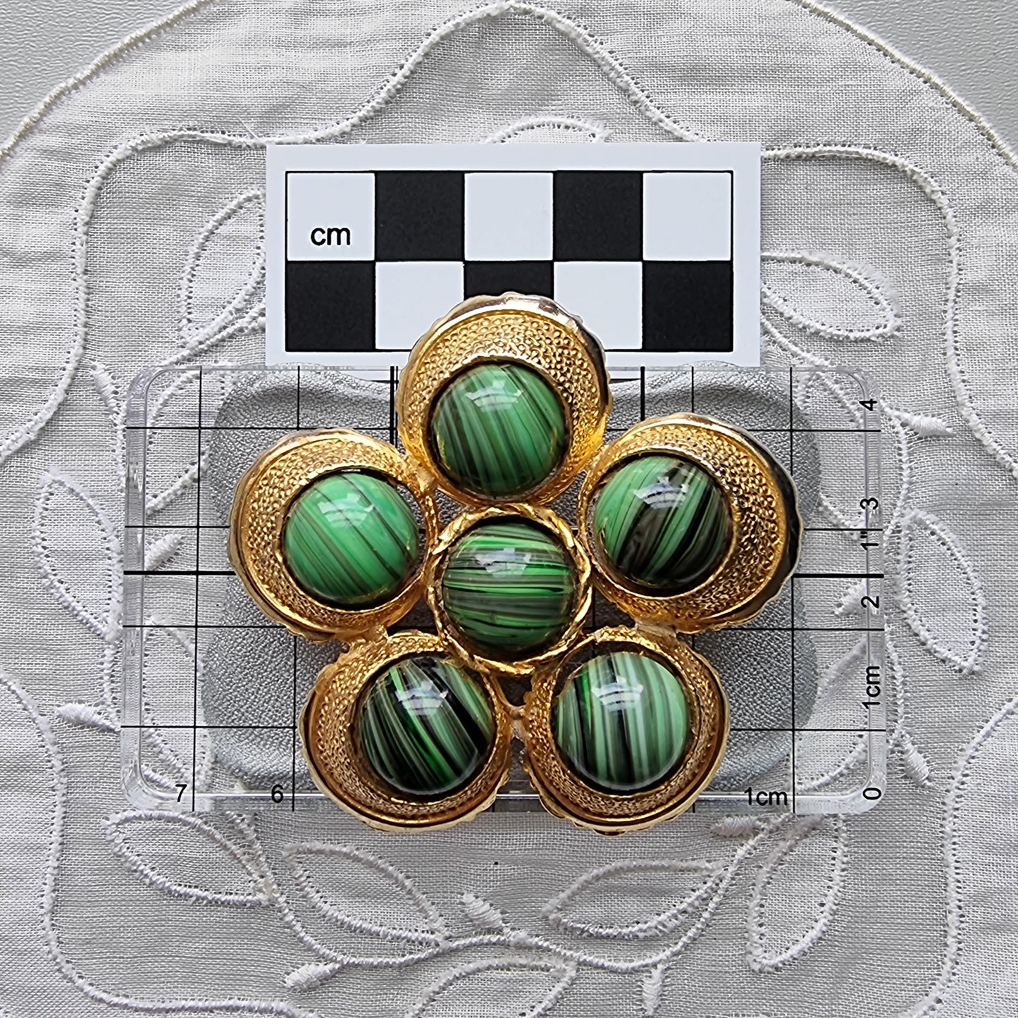 Brooch - Hollywood Malachite Glass Cabochons flower Brooch