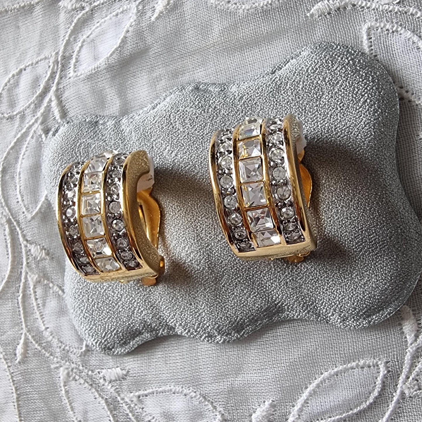 Clip on - Gold and Clear Crystals Half Hoop Clip On Earrings