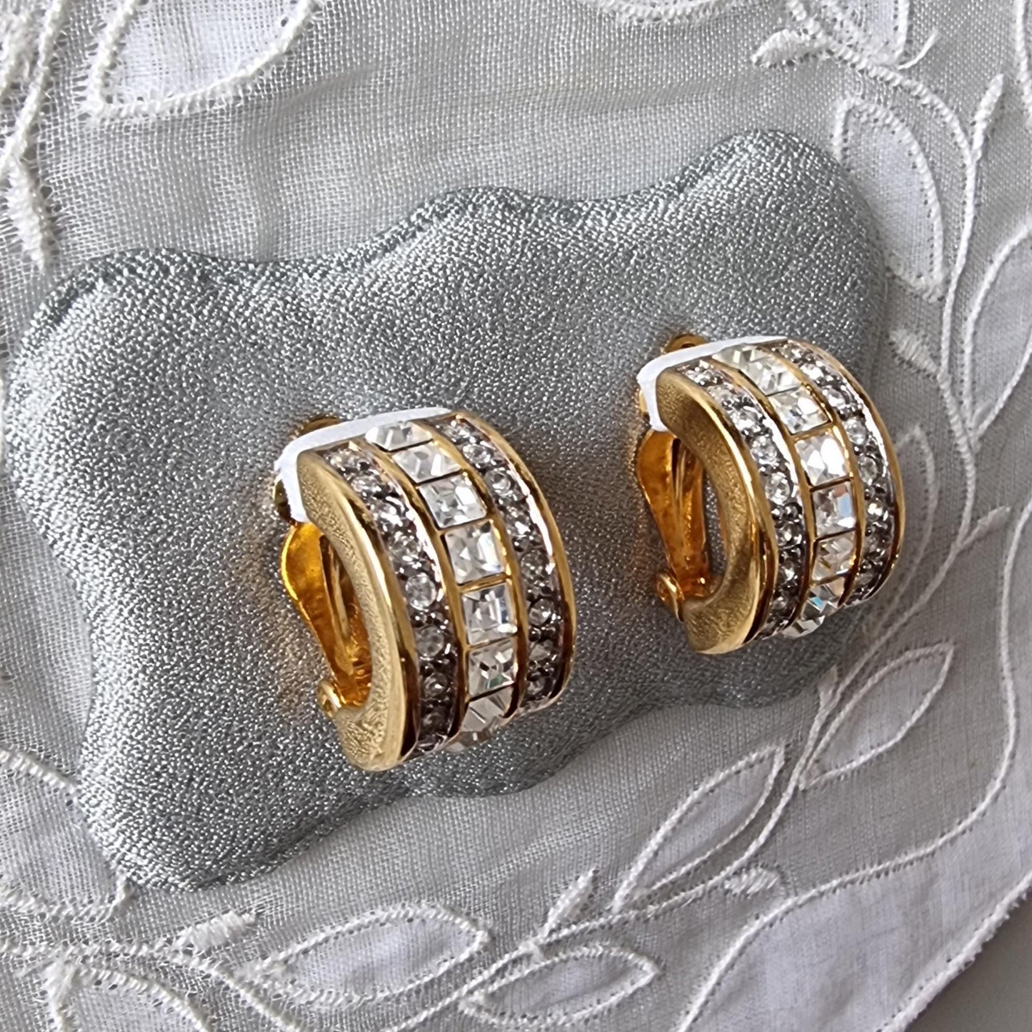 Clip on - Gold and Clear Crystals Half Hoop Clip On Earrings