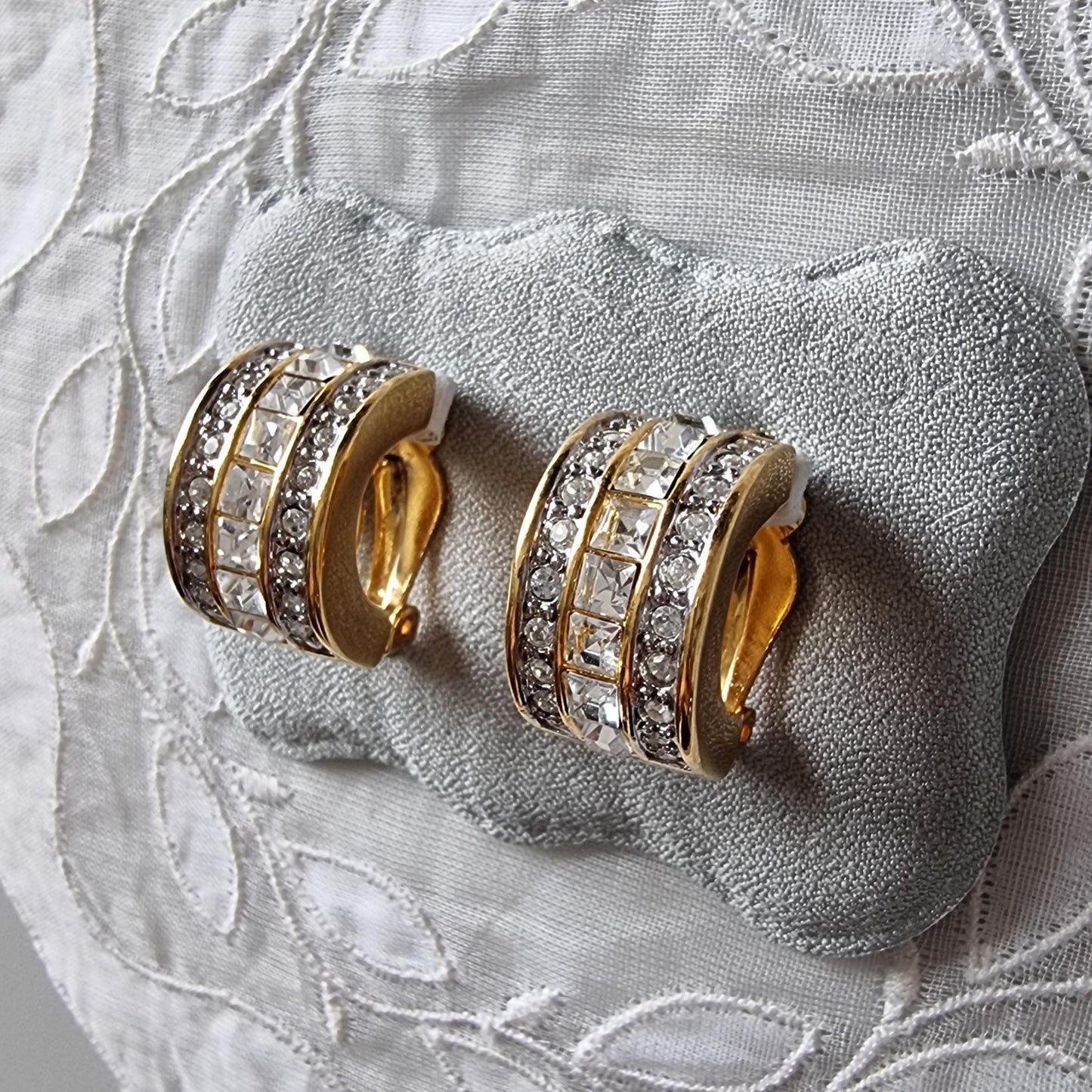 Clip on - Gold and Clear Crystals Half Hoop Clip On Earrings