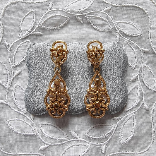Clip on - Trifari Gold Filigree Drop Clip on Earrings