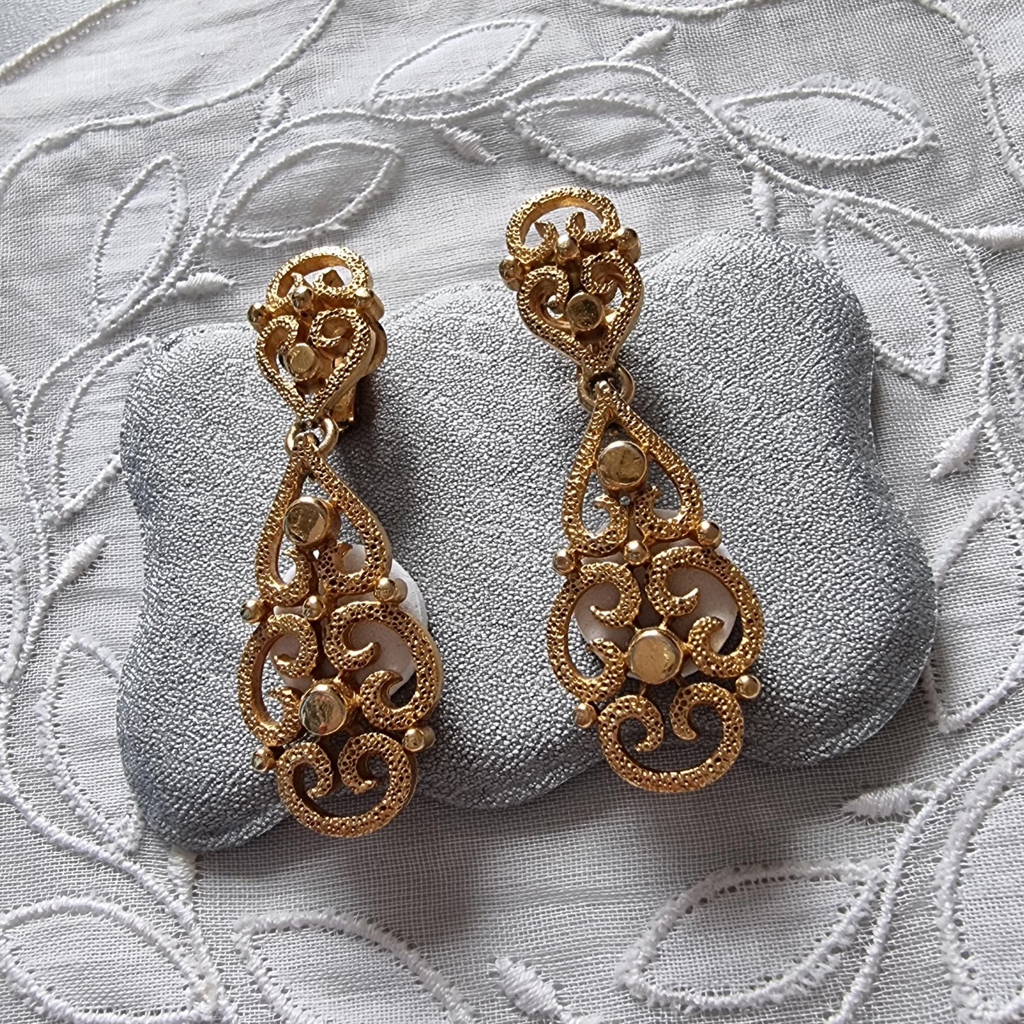 Clip on - Trifari Gold Filigree Drop Clip on Earrings