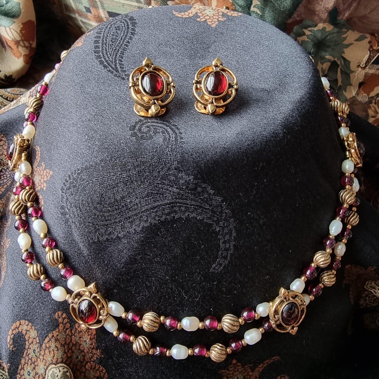 Set - Gold Freshwater Pearl and Garnet Beads Necklace and Garnet Earrings