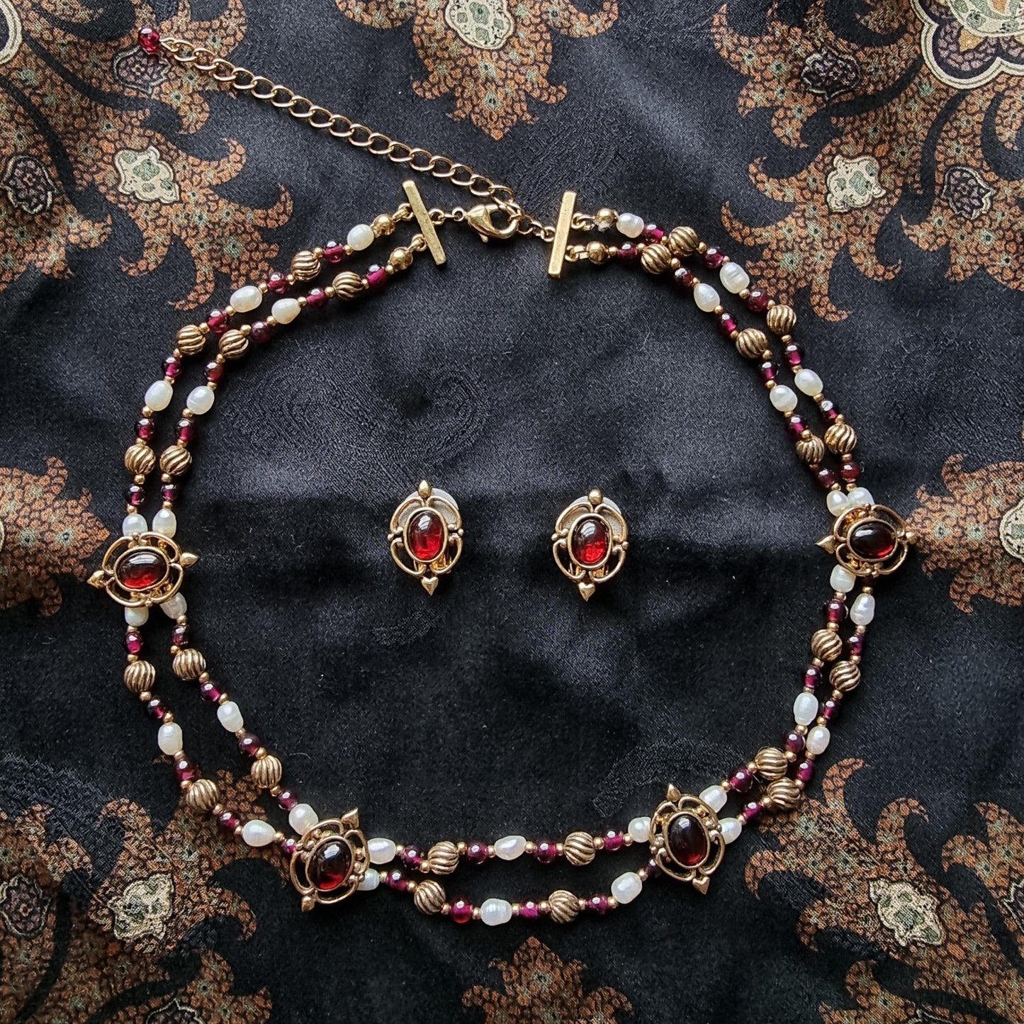 Set - Gold Freshwater Pearl and Garnet Beads Necklace and Garnet Earrings