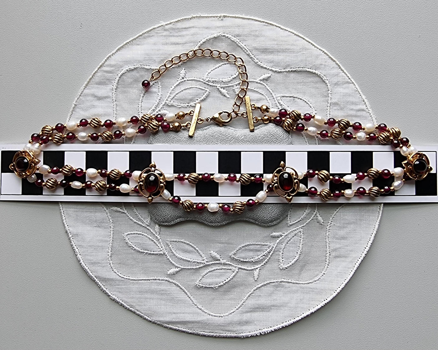 Set - Gold Freshwater Pearl and Garnet Beads Necklace and Garnet Earrings