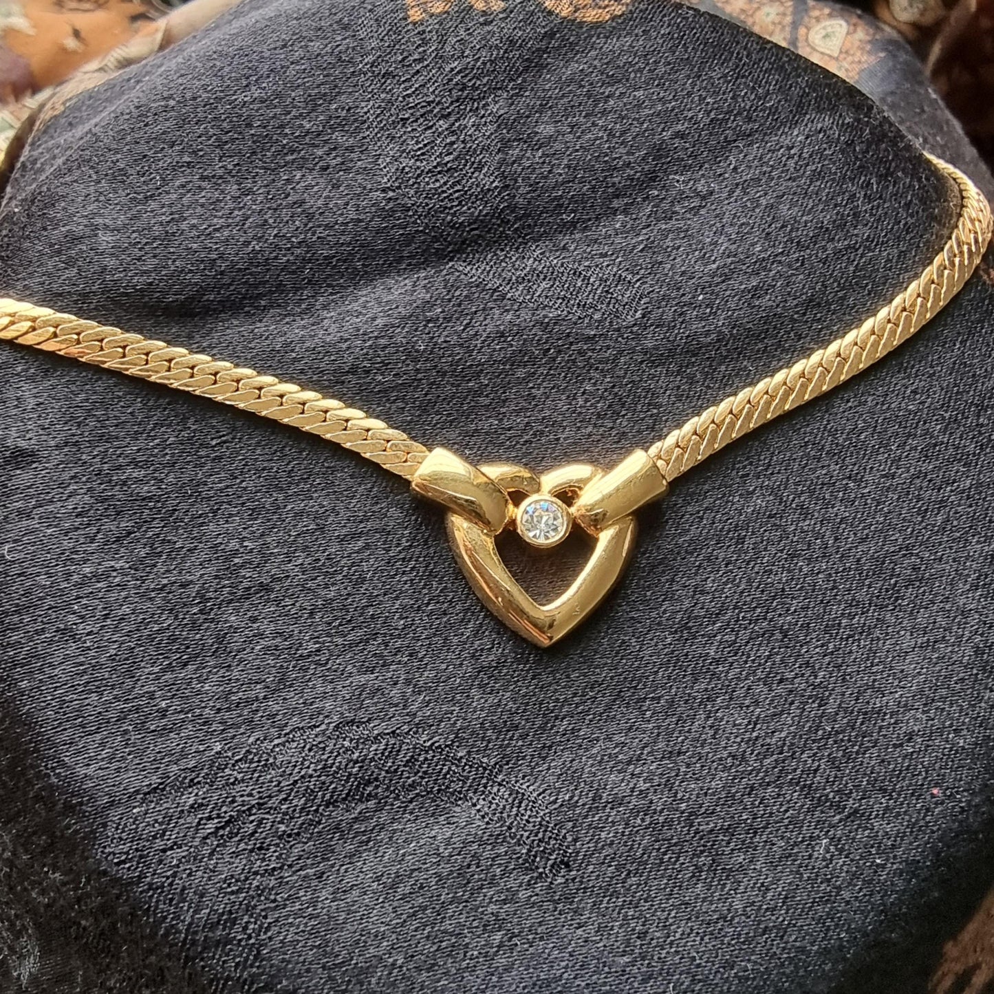 Necklace - Gold and Crystal Heart Flat Chain Necklace