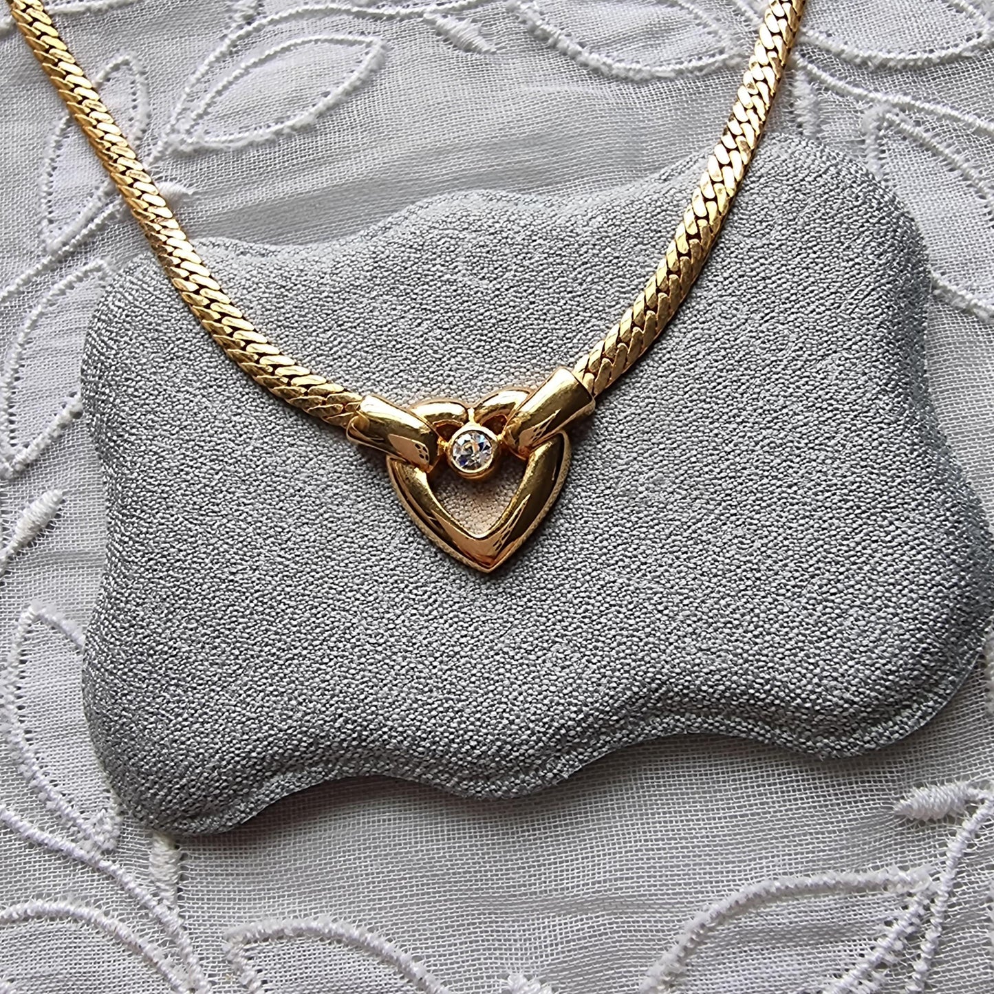 Necklace - Gold and Crystal Heart Flat Chain Necklace