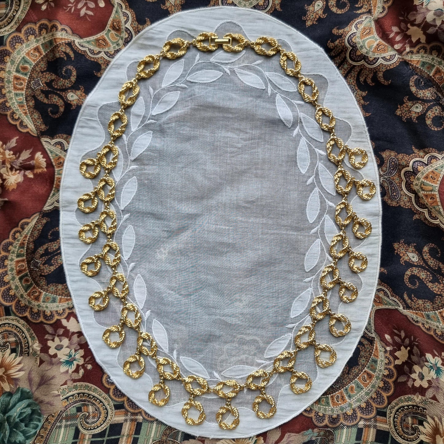 Necklace - Gold Textured Chain Link Drop Long Necklace