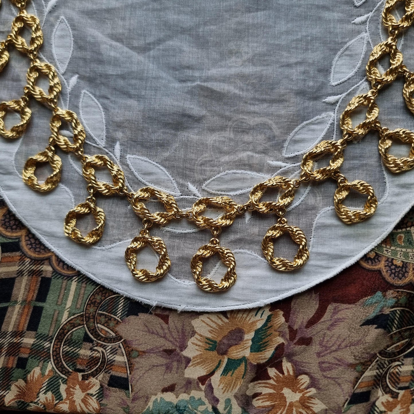 Necklace - Gold Textured Chain Link Drop Long Necklace