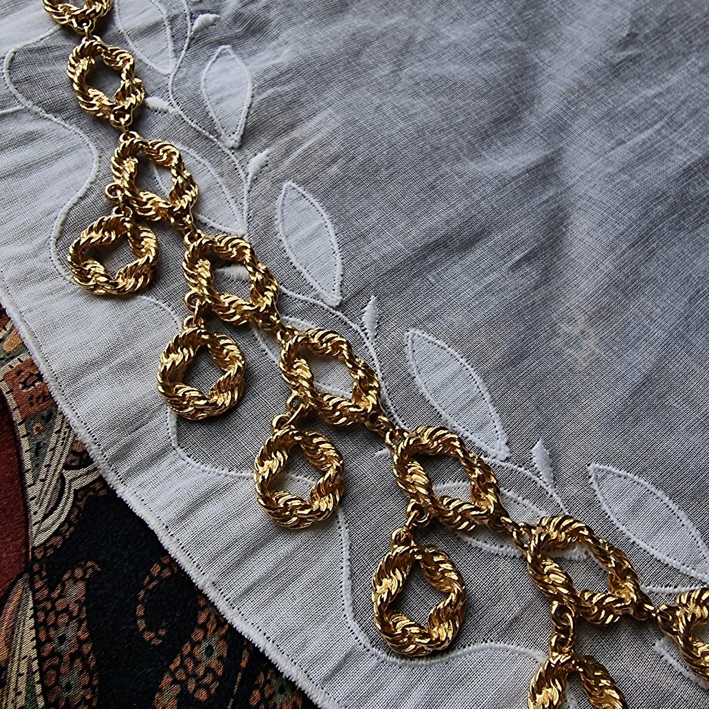 Necklace - Gold Textured Chain Link Drop Long Necklace