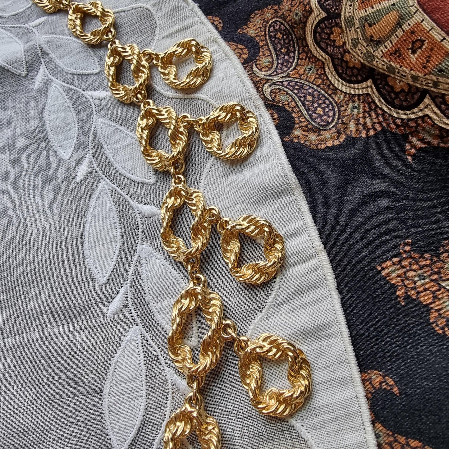 Necklace - Gold Textured Chain Link Drop Long Necklace