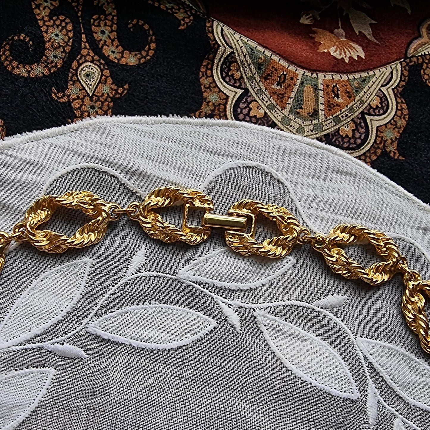 Necklace - Gold Textured Chain Link Drop Long Necklace